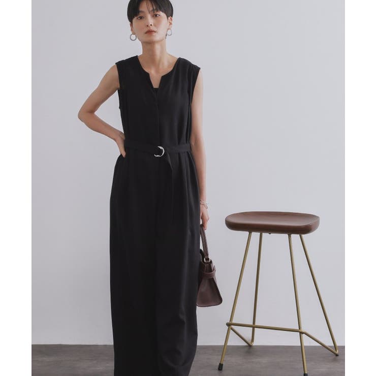 ブラック(019) | 《Can Cam掲載》麻混ベルト付きオールインワン【洗濯機洗い可】 | OPAQUE.CLIP