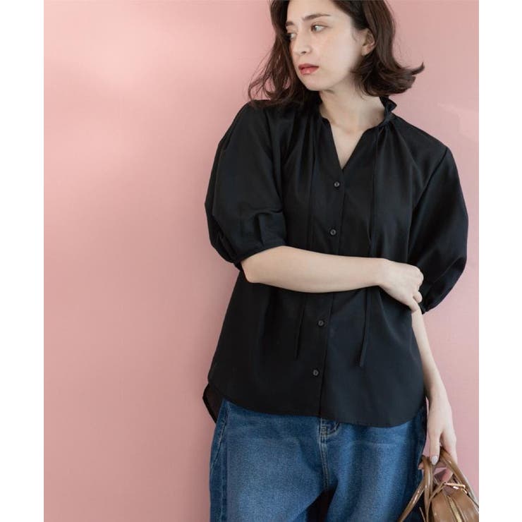 ブラック(019) | シアーフリルネックブラウス【洗濯機洗い可】 | OPAQUE.CLIP