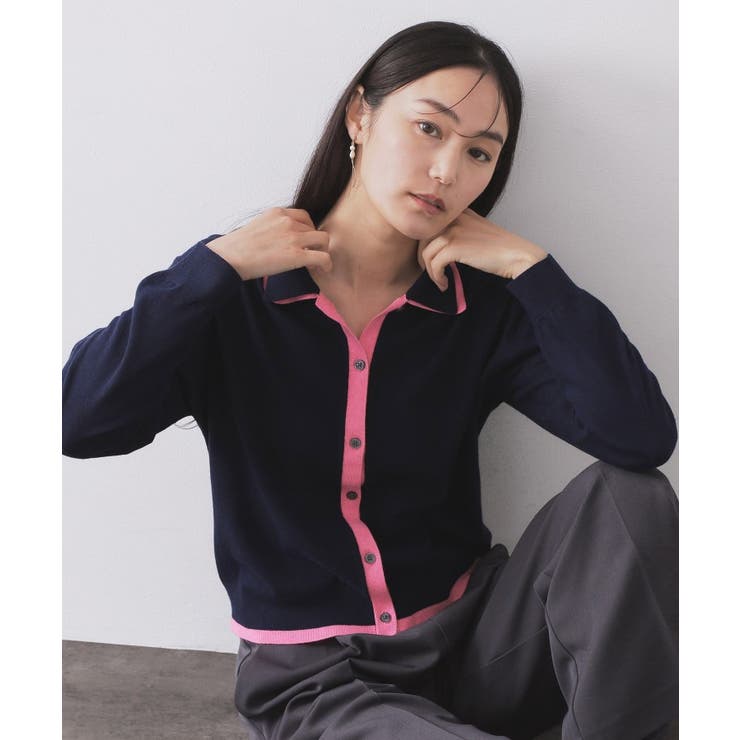 ネイビー(594) | ダブルカラーポロ衿配色ニット【洗濯機OK】 | OPAQUE.CLIP