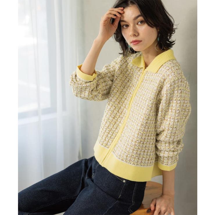 イエロー(431) | ツイードライクZIPニットカーディガン | OPAQUE.CLIP
