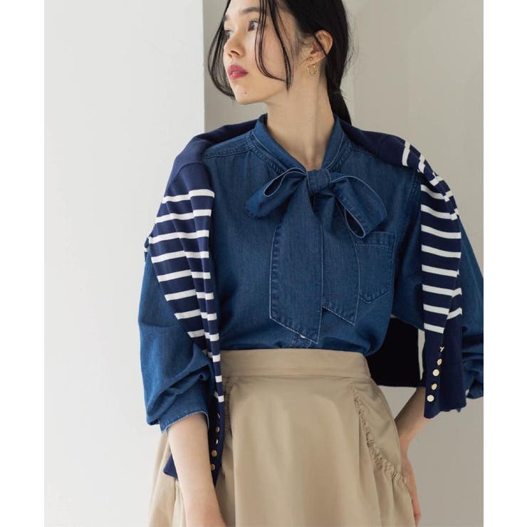 セルロース混デニムボウタイブラウス【洗濯機OK】 | OPAQUE.CLIP | 詳細画像1 