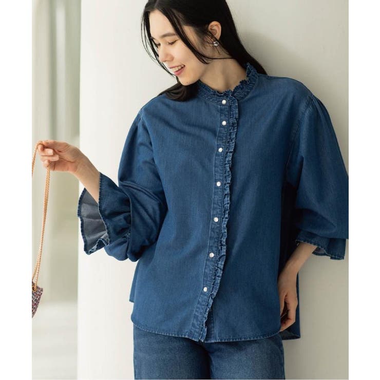 セルロース混デニムフリルブラウス【洗濯機OK】 | OPAQUE.CLIP | 詳細画像3 