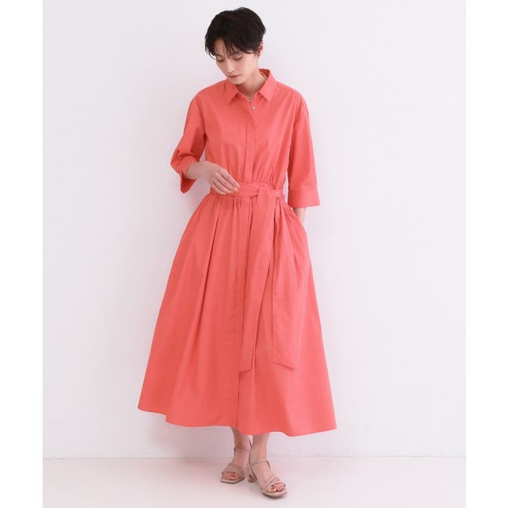 レッド(061) | サッシュリボンベルト付きフレアシャツワンピース【洗濯機OK/防シワ加工】 | OPAQUE.CLIP