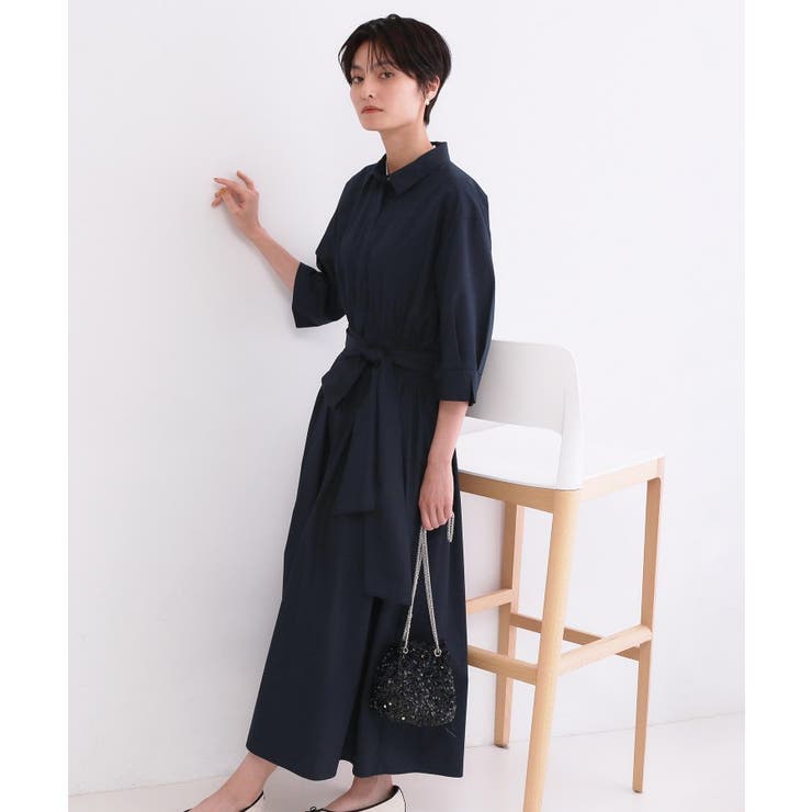 ネイビー(094) | サッシュリボンベルト付きフレアシャツワンピース【洗濯機OK/防シワ加工】 | OPAQUE.CLIP