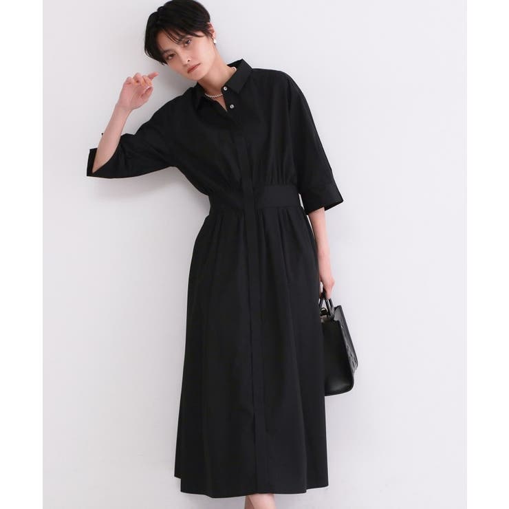 ブラック(819) | サッシュリボンベルト付きフレアシャツワンピース【洗濯機OK/防シワ加工】 | OPAQUE.CLIP