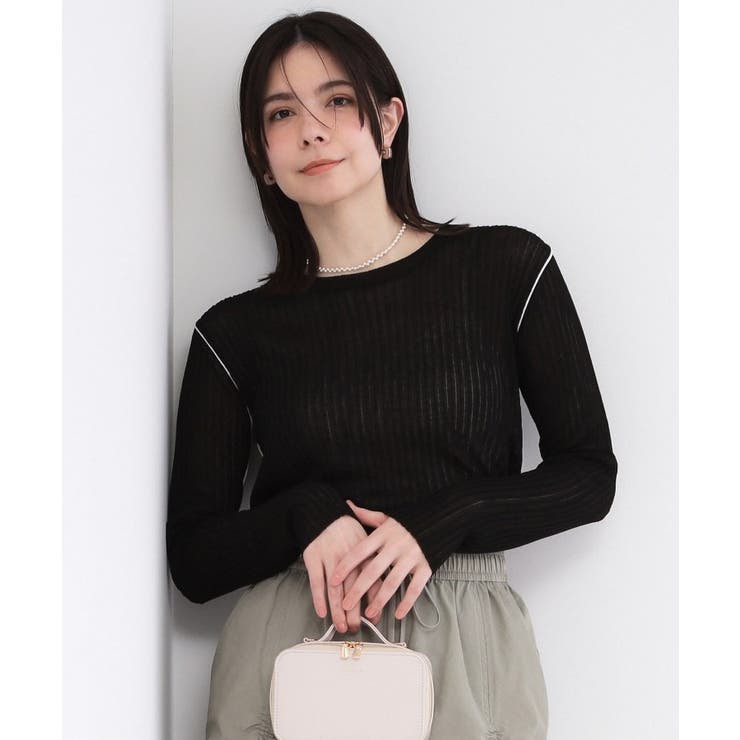 ブラック(019) | シアー配色クルーネックリブニット【洗濯機OK】 | OPAQUE.CLIP