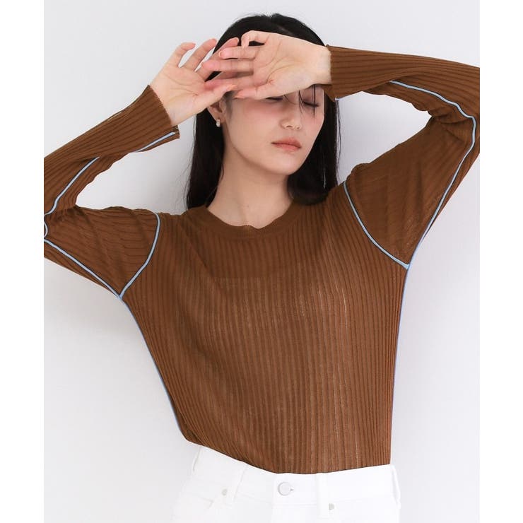 モカブラウン(042) | シアー配色クルーネックリブニット【洗濯機OK】 | OPAQUE.CLIP