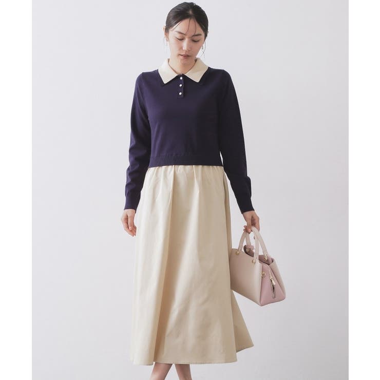 ダブルポロ衿ニットドッキングワンピース【洗濯機OK】 | OPAQUE.CLIP | 詳細画像6 