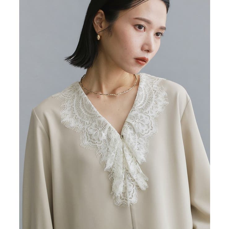 ベージュ(052) | 【es】ヒゲレースVネックブラウス【洗濯機OK】 | OPAQUE.CLIP