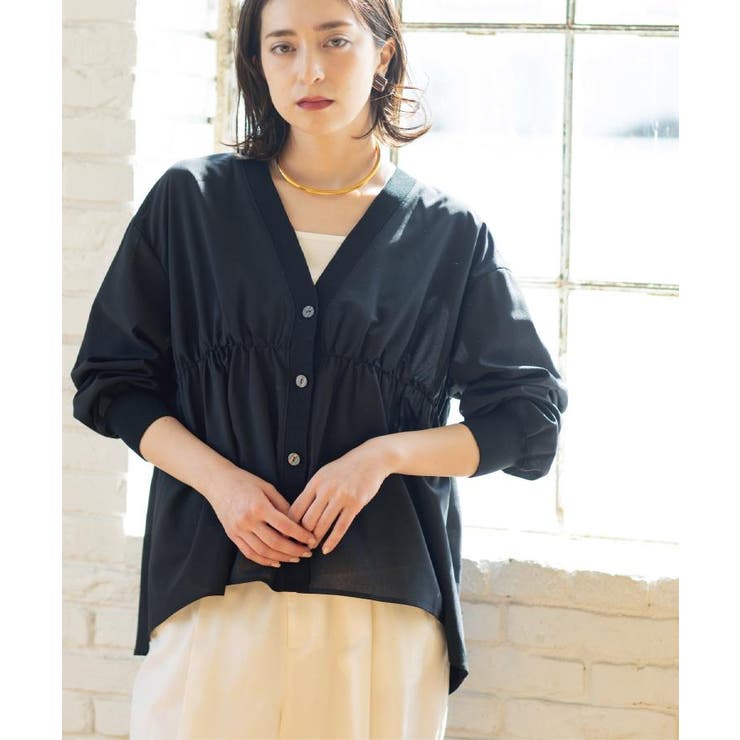 ブラック(019) | ブラウス風Vネックカーディガン【洗濯機OK】 | OPAQUE.CLIP