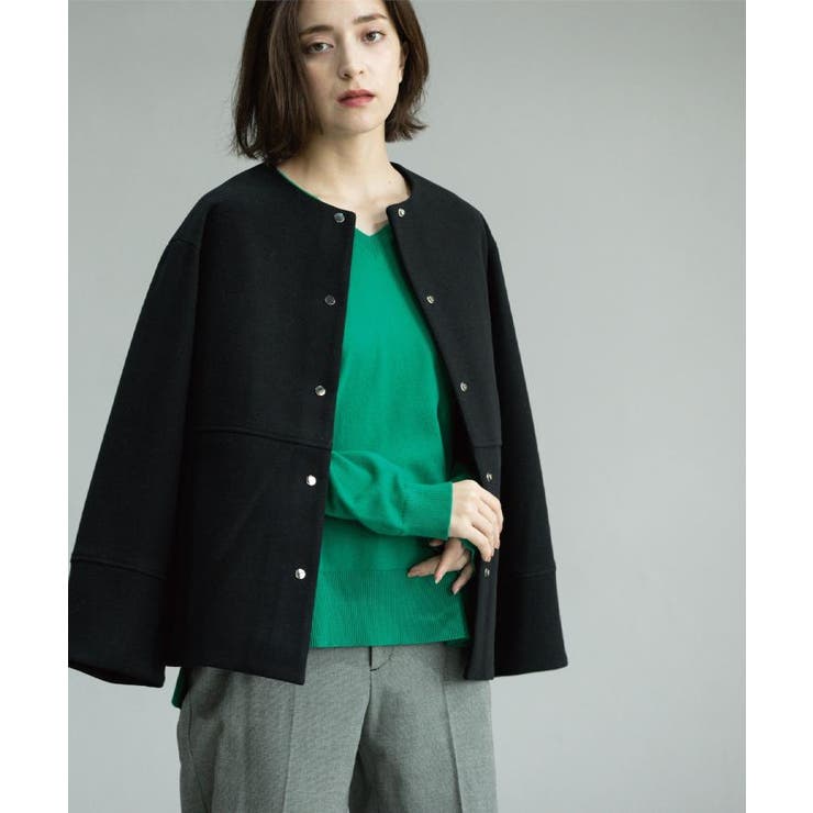 ブラック(019) | ウールライクメルトンノーカラーコート【洗濯機洗い可】 | OPAQUE.CLIP