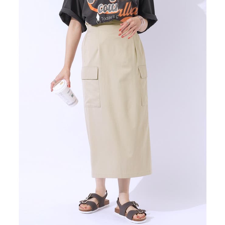 ライトベージュ(051) | 【洗える/UV】ウエストがキレイに見える カーゴナロースカ―ト | SHOO・LA・RUE