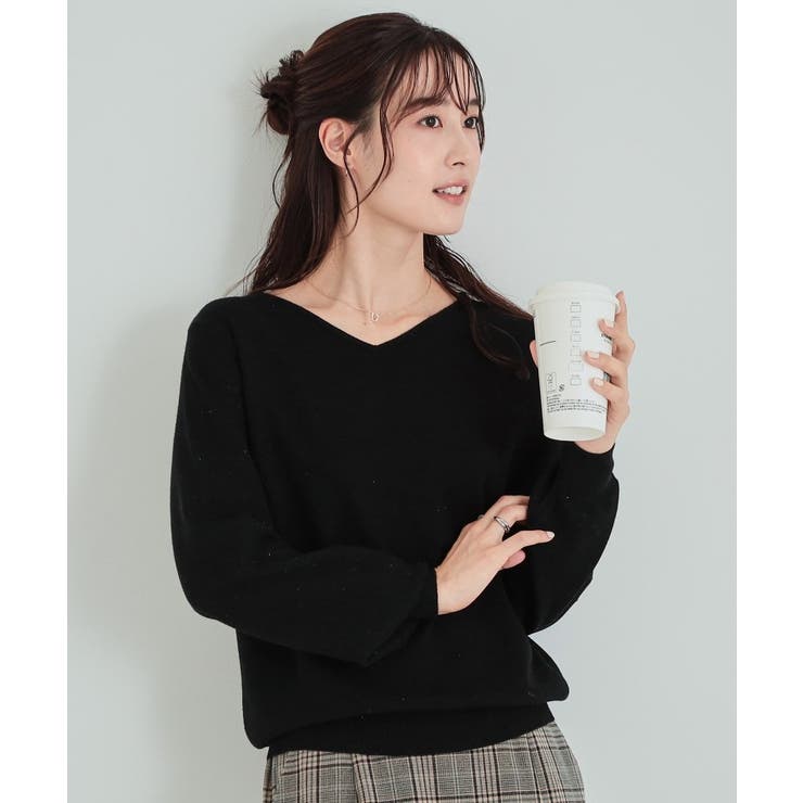 高レビュー/S-LL/洗える】ほんのりラメ感が華やか 浅Vネックニット