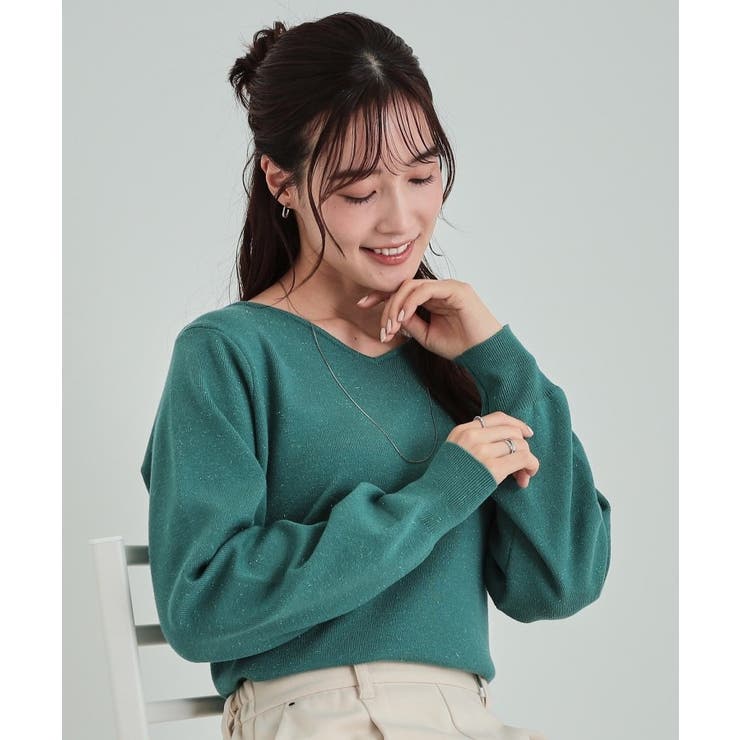 高レビュー/S-LL/洗える】ほんのりラメ感が華やか 浅Vネックニット