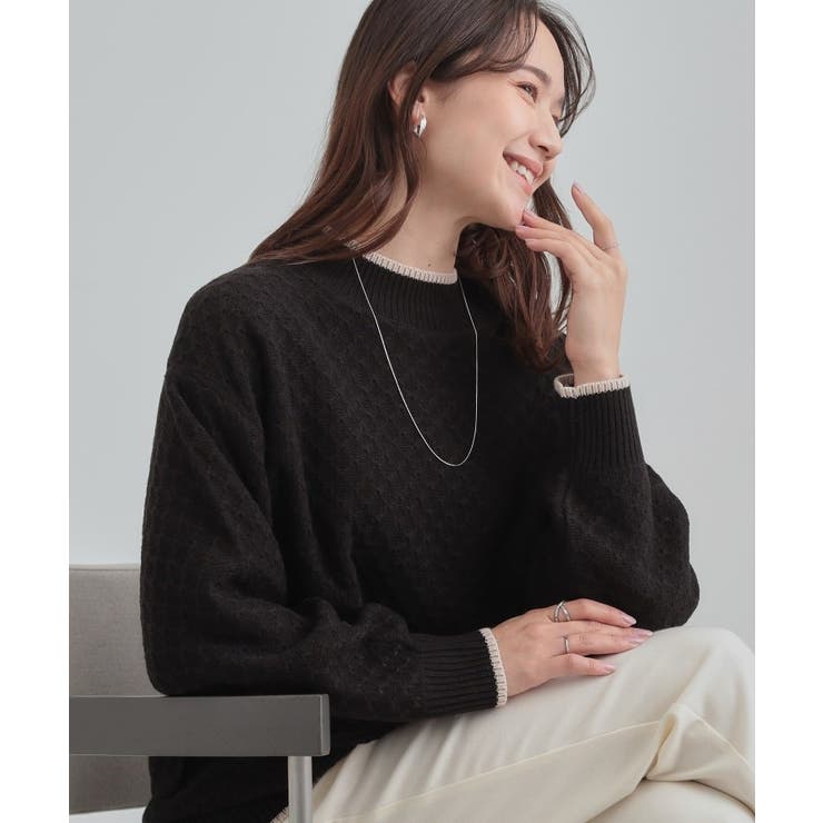 ブラック(019) | 【洗濯機可/毛玉レス】配色がアクセント ダイヤ柄ゆるニット | SHOO・LA・RUE