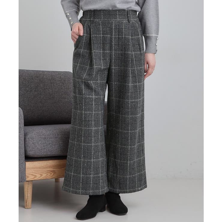 ネイビー(294) | 【あったか/S-LL】脚のラインをきれいに魅せる チェック柄ワイドパンツ | SHOO・LA・RUE