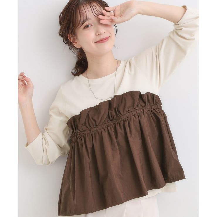 ブラウン(044) | 【洗濯機可/S-LL】1枚で華やか フリルドッキングトップス | SHOO・LA・RUE