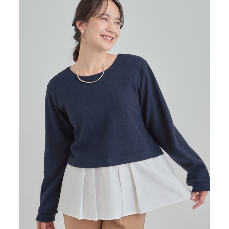ネイビー(094) | 【S-LL】気になる腰回りをカバー レイヤード風ドッキングトップス | SHOO・LA・RUE