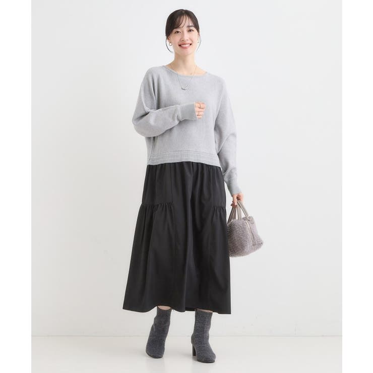 【S-LL】1枚でさまになる 異素材ドッキングワンピース | SHOO・LA・RUE | 詳細画像1 