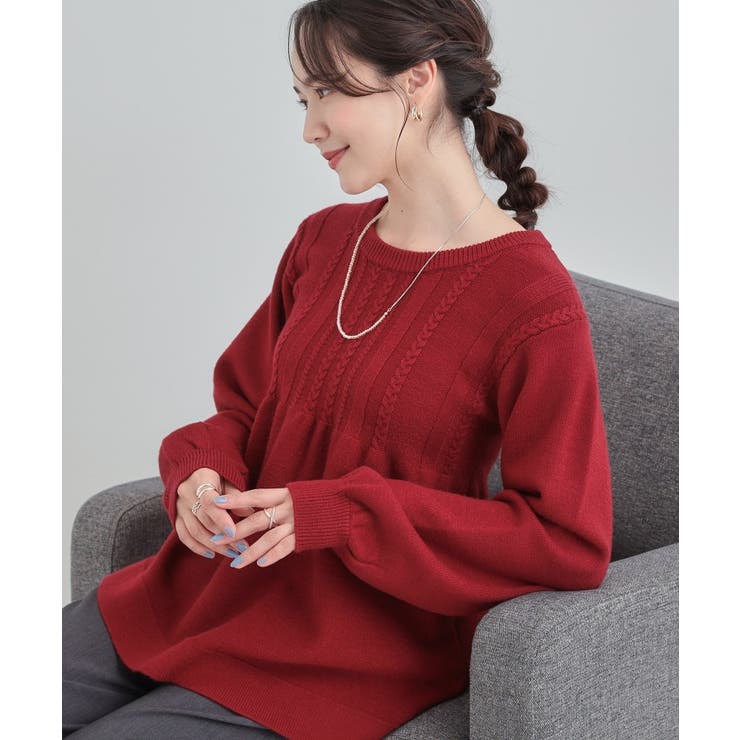 レッド(063) | 気になるお腹周りをカバー ケーブル編みペプラムニット | SHOO・LA・RUE