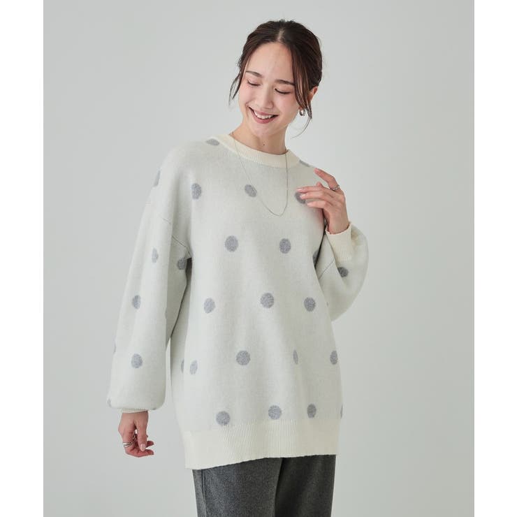 洗える/S-LL】 ドット柄が目を惹く ゆったりジャカードニット[品番