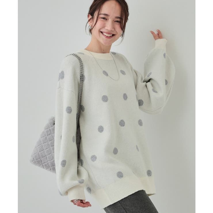 洗える/S-LL】 ドット柄が目を惹く ゆったりジャカードニット[品番