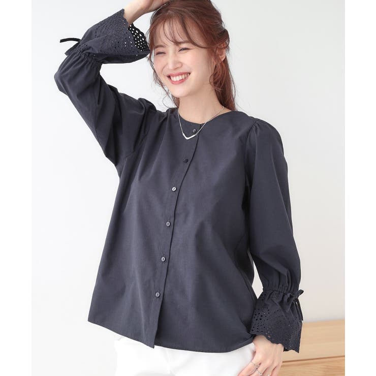 ネイビー(094) | 【S-LL/前後2WAY/洗濯後しわになりにくい】お袖刺繍レースブラウス | SHOO・LA・RUE