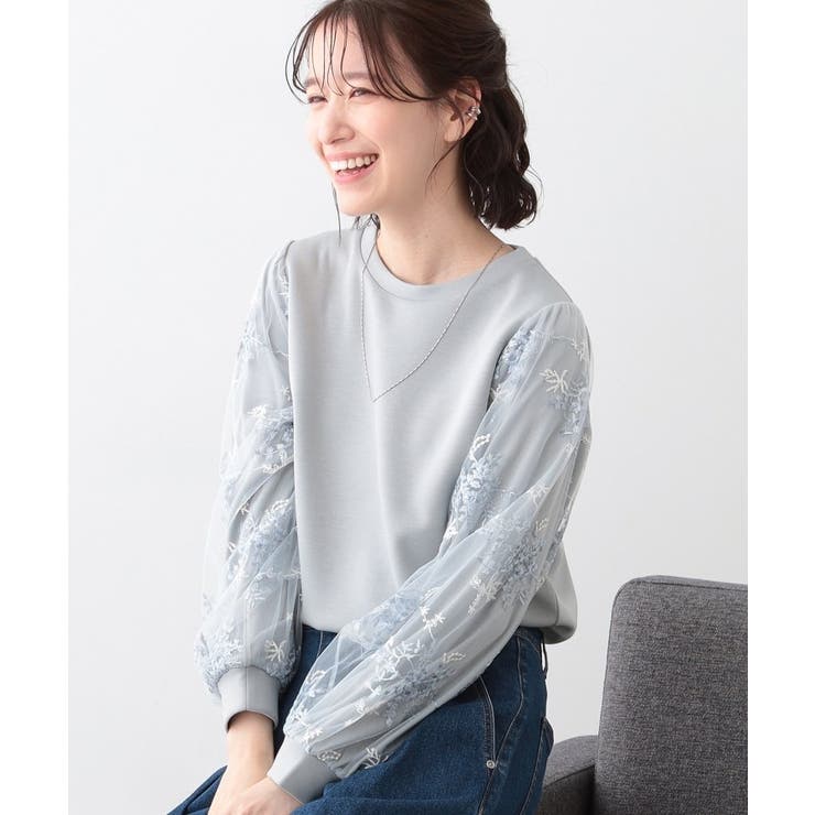 サックスブルー(090) | 大人上品 お袖チュール刺繍 切替トップス | SHOO・LA・RUE