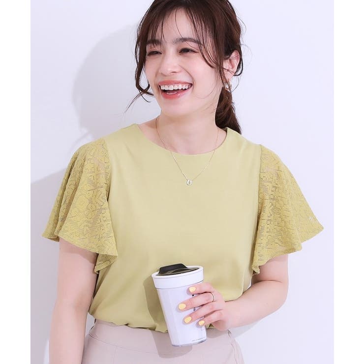 イエローグリーン(025) | 【S-LL】大人の上品コーデに お袖レース切り替えトップス | SHOO・LA・RUE