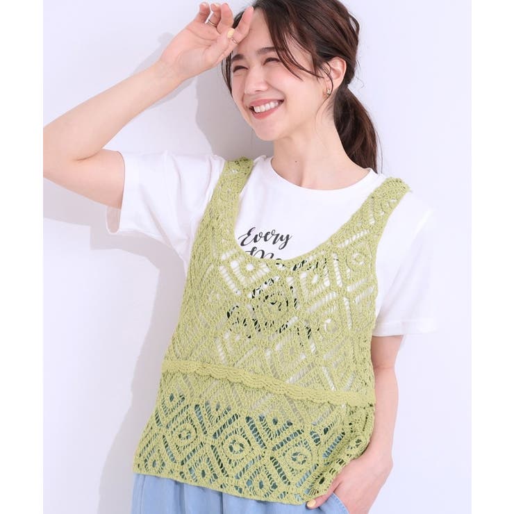 ミントグリーン(021) | 【S-LL/2点セット】大人カジュアルに レースビスチェ+プリントTシャツ | SHOO・LA・RUE
