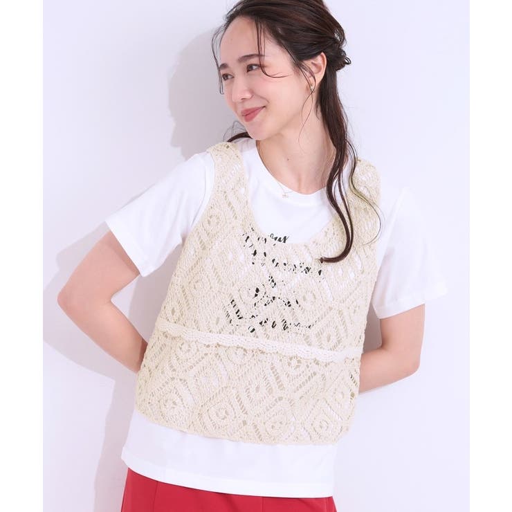 ライトベージュ(051) | 【S-LL/2点セット】大人カジュアルに レースビスチェ+プリントTシャツ | SHOO・LA・RUE