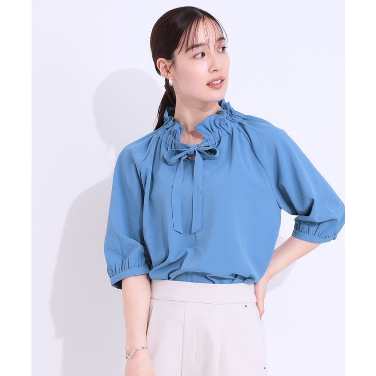 【洗える/ひんやり/S-LL】フェミニンもクールも フリルリボン5分袖ブラウス | SHOO・LA・RUE | 詳細画像6 