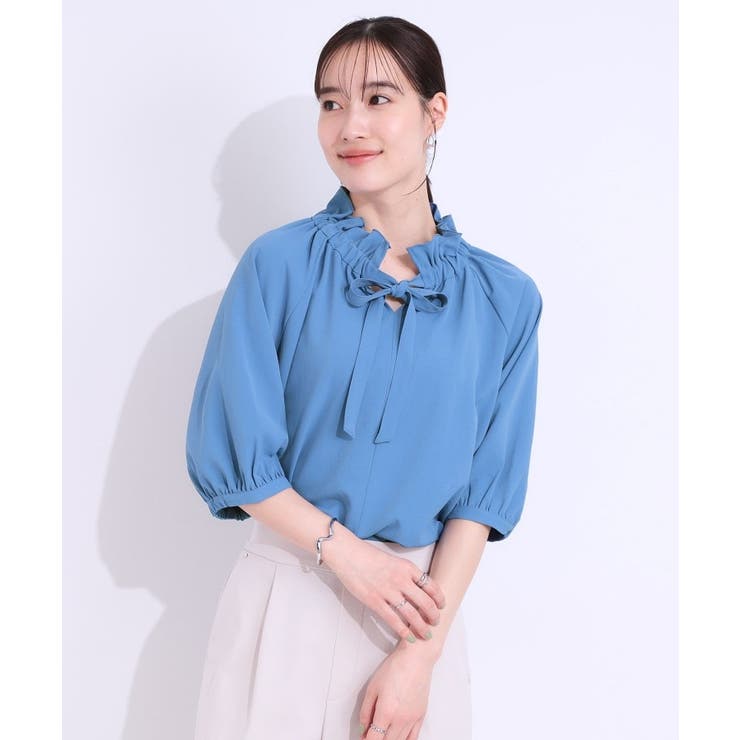 【洗える/ひんやり/S-LL】フェミニンもクールも フリルリボン5分袖ブラウス | SHOO・LA・RUE | 詳細画像5 