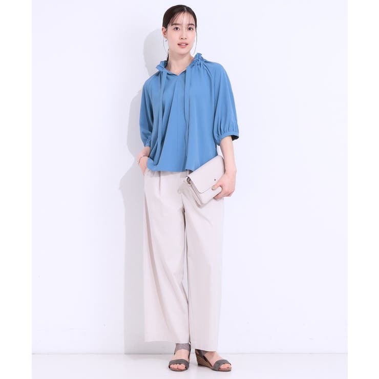 【洗える/ひんやり/S-LL】フェミニンもクールも フリルリボン5分袖ブラウス | SHOO・LA・RUE | 詳細画像7 