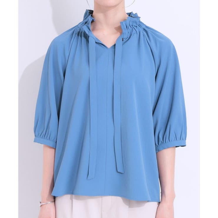 【洗える/ひんやり/S-LL】フェミニンもクールも フリルリボン5分袖ブラウス | SHOO・LA・RUE | 詳細画像19 