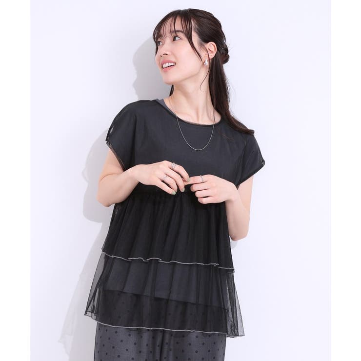 【S-LL/2点セット】程よい甘さをプラス Tシャツ＋チュールトップス | SHOO・LA・RUE | 詳細画像1 