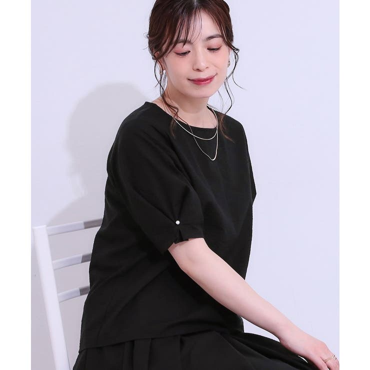 ブラック(019) | 【S-LL/セットアップ可/5分袖】涼しくこなれる お袖タックブラウス | SHOO・LA・RUE