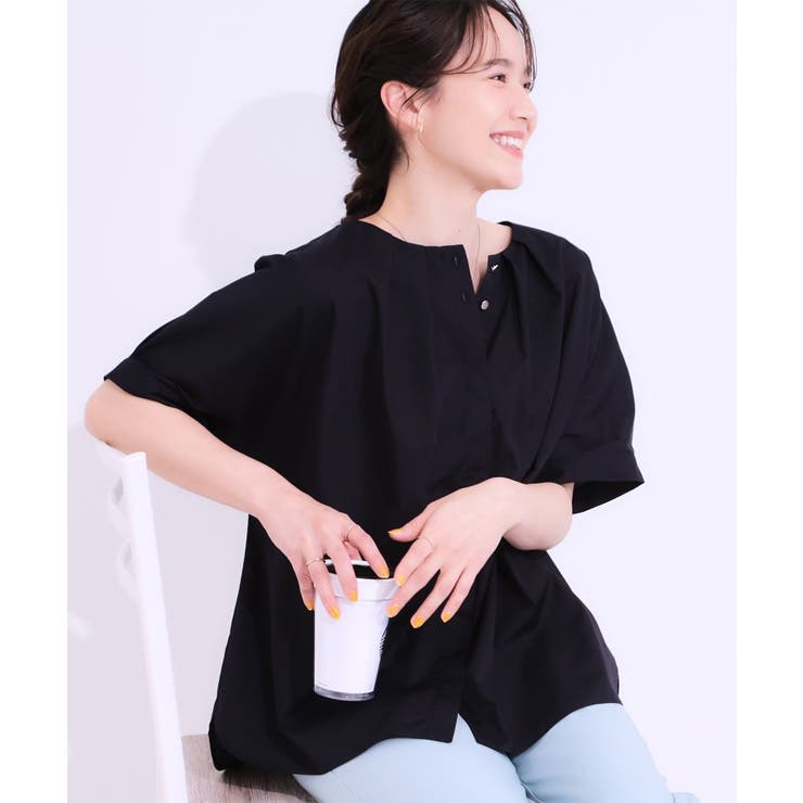 ネイビー(094) | 【洗える/S-LL】大人の上品シルエット タックデザイン 5分袖ブラウス | SHOO・LA・RUE