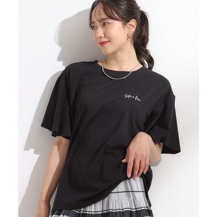 ブラック(119) | 【S-LL/ひんやり/二の腕カバー】華やかさをプラスする お袖フリルTシャツ | SHOO・LA・RUE