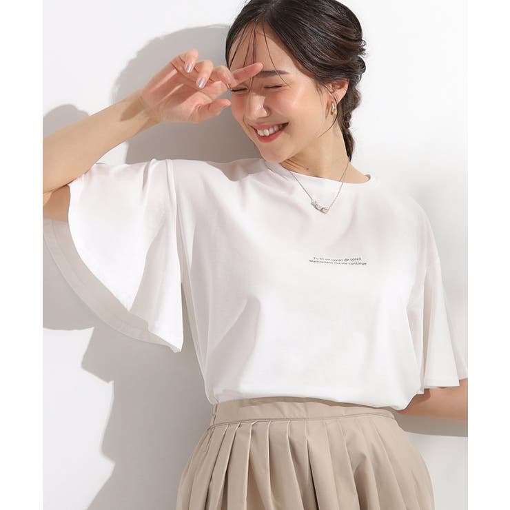 オフホワイト(503) | 【S-LL/ひんやり/二の腕カバー】華やかさをプラスする お袖フリルTシャツ | SHOO・LA・RUE