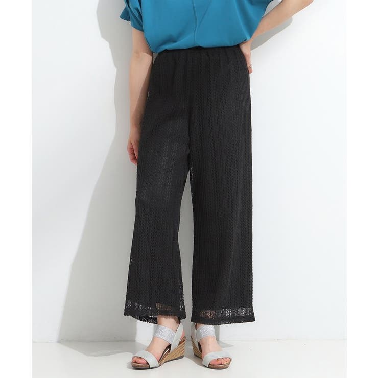 ブラック(019) | 【S-LL】クロシェ風レースイージーワイドパンツ | SHOO・LA・RUE
