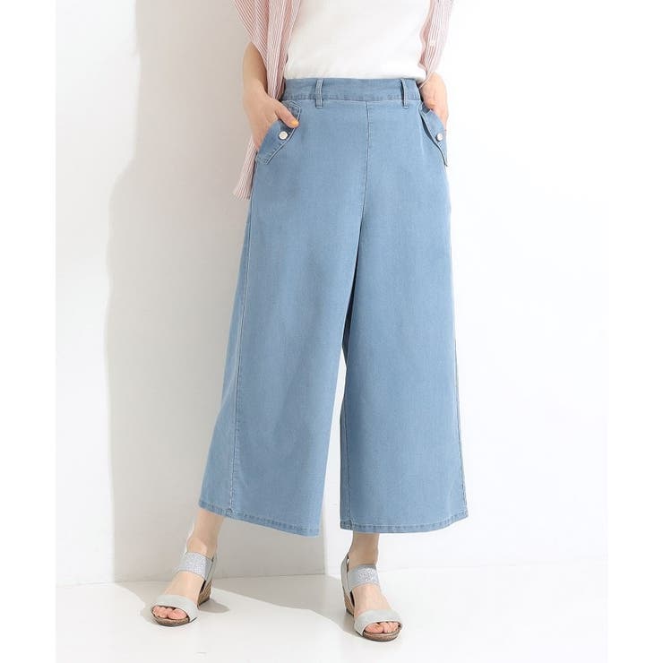 ブルー(091) | 【洗える/S-LL/ひんやり】金ボタンがアクセント 大人のデニムガウチョパンツ | SHOO・LA・RUE