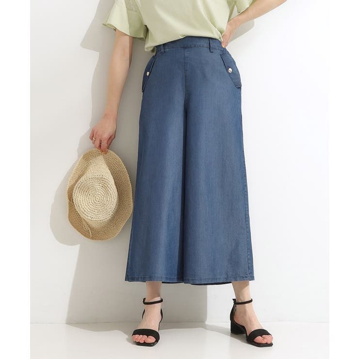 ネイビー(094) | 【洗える/S-LL/ひんやり】金ボタンがアクセント 大人のデニムガウチョパンツ | SHOO・LA・RUE