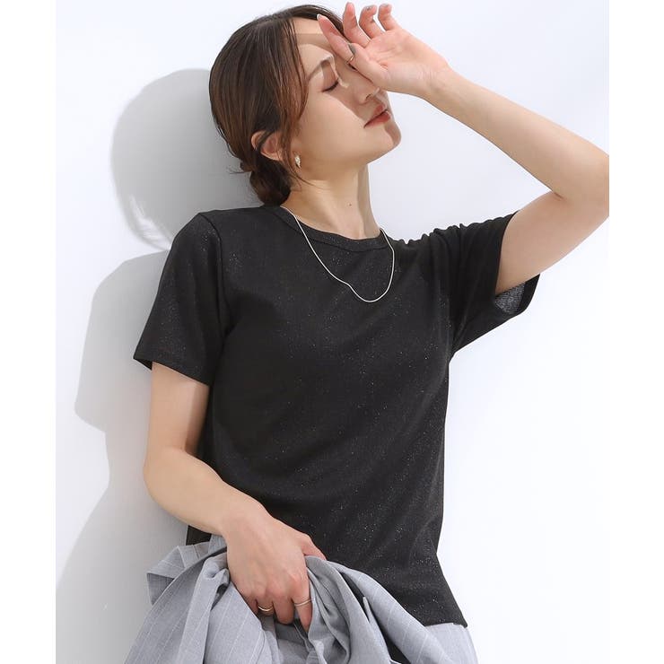 ブラック(019) | 【S-LL】大人のラメ感 テレコ半袖トップス | SHOO・LA・RUE