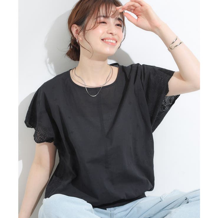 ブラック(019) | スカラップ刺繍レースが目を惹く ドルマントップス | SHOO・LA・RUE