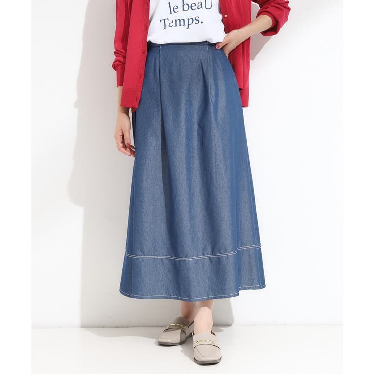 ネイビー(094) | 【S-LL】配色ステッチがアクセント デニムフレアスカート | SHOO・LA・RUE