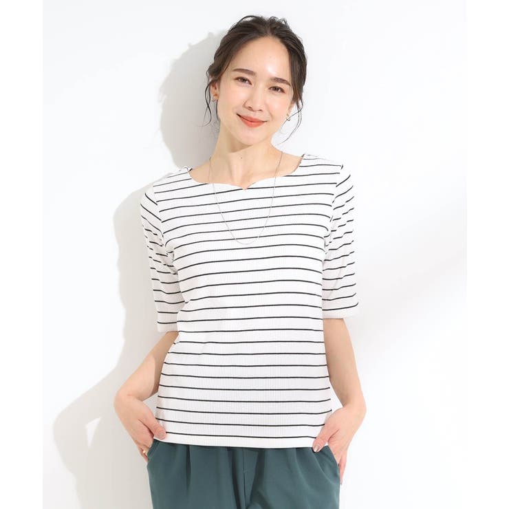 【S-LL】女性らしさ漂うハートネック テレコ5分袖トップス | SHOO・LA・RUE | 詳細画像9 