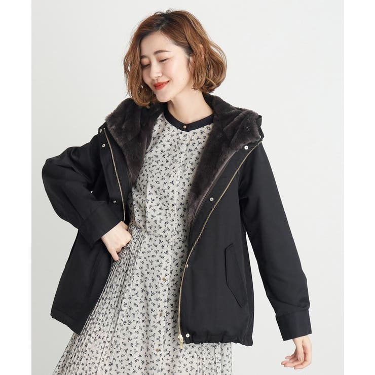 ブラック【撥水】 3WAYフェイクファーライナーマウンテンパ ーカ grove ブルゾン アウター 「撥水」3WAYフェイクファーライナー