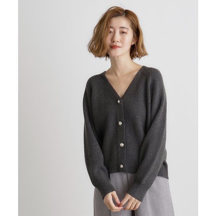 ボタン付きカーディガン グレー ベージュ 金ボタン畦ラグランニットカーディガン[品番：WRDW0213736]｜grove