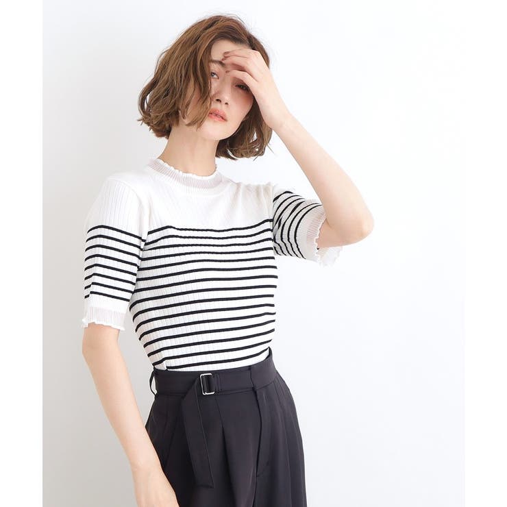 シアーフリル5分袖リブニットプルオーバー[品番：WRDW0202203]｜grove  